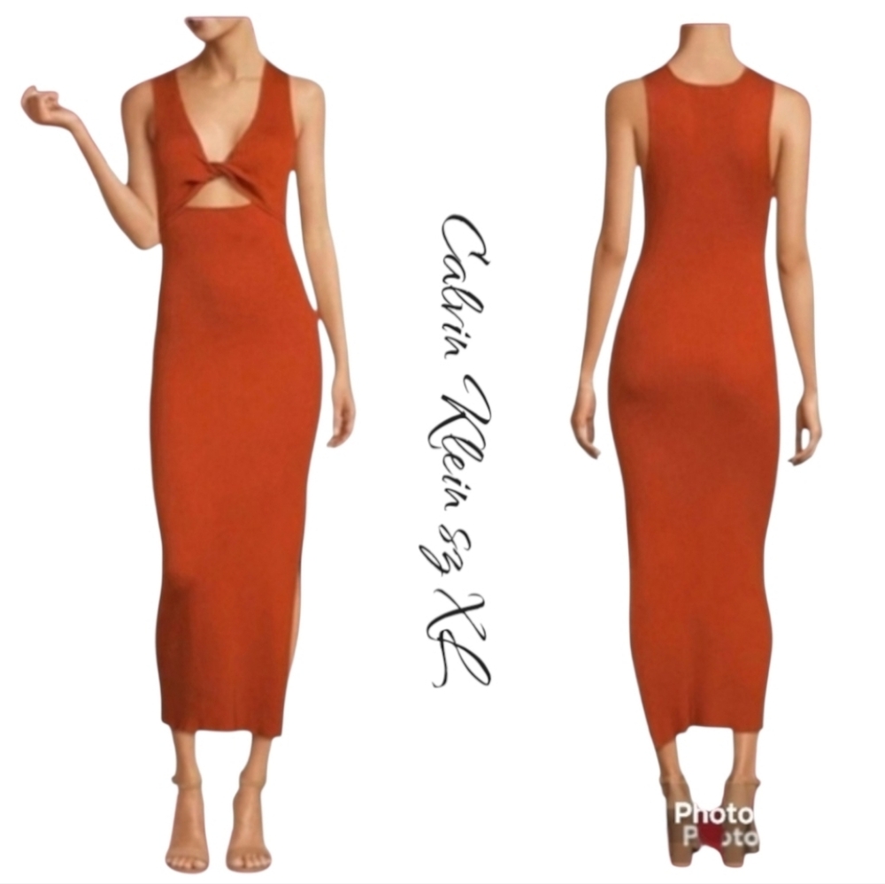 NWT Calvin Klein Twist-Front Ribbed Bodycon Midi Dress XL
